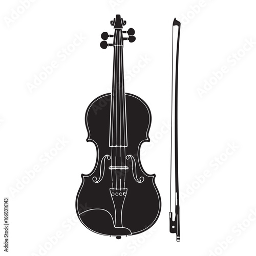Detailed Silhouette of a Violin with Bow Musical Instrument Precision and Elegance in Musical Expression