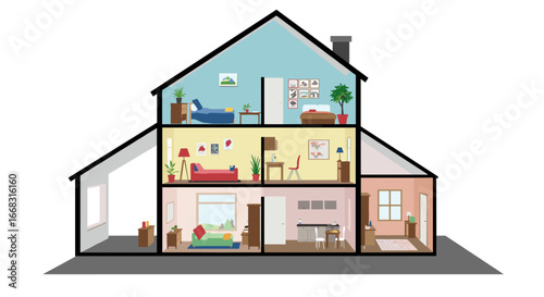 Colorful flat cross-section of a cozy house interior design layout