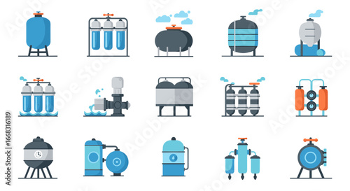 Icon set of modern water filtration systems in flat design