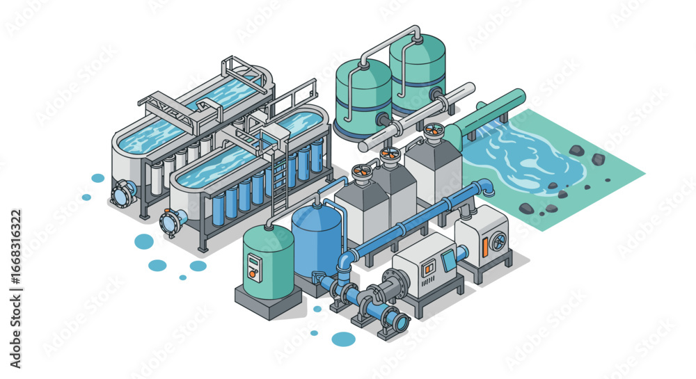 Obraz premium Isometric water treatment plant diagram with detailed equipment and process flow