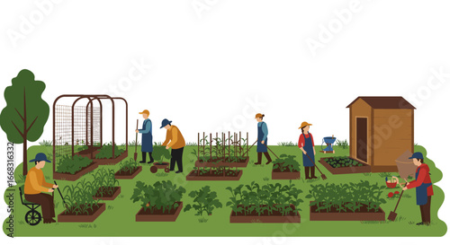 Community garden with diverse people tending to vegetables in an outdoor setting