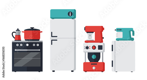 Modern kitchen appliance set featuring flat design refrigerators and mixers