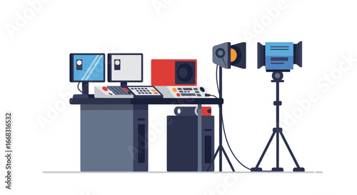 Modern broadcasting room with studio equipment and cameras in flat design