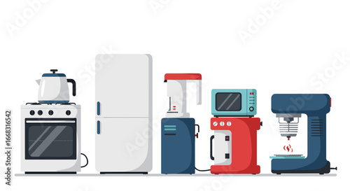 Modern flat style kitchen appliances lineup with refrigerator, oven, and coffee maker