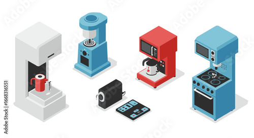 Modern isometric coffee makers and kitchen appliances collection