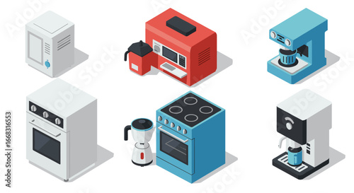 Isometric kitchen appliances: modern microwaves, ovens, and coffee makers