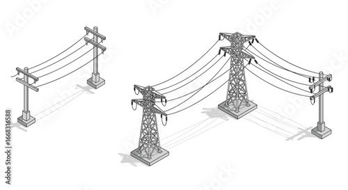 Isometric power lines and transmission towers in black and white