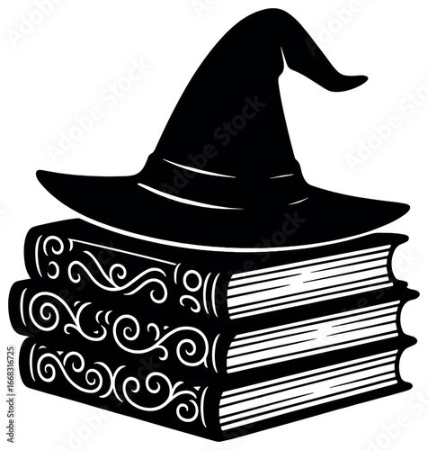 Witch's hat silhouette on books vector for halloween theme and magical concepts