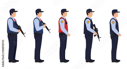 Security guard illustrations in uniform with firearms side view collection