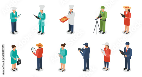 Diverse professions in isometric style: chef, doctor, photographer, farmer, and more