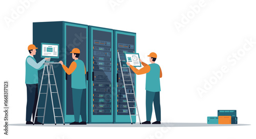Technicians maintaining data center servers in modern flat style