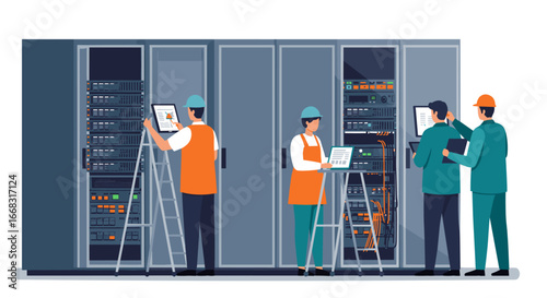 Team of engineers managing data center servers in a modern facility