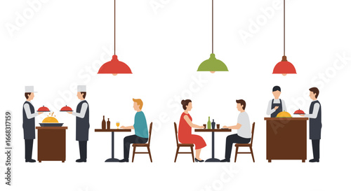 Restaurant atmosphere with chefs and diners under hanging lights