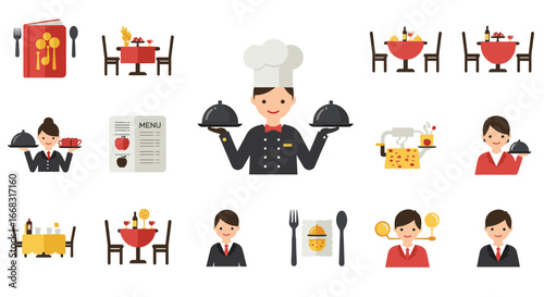 Flat style chef and restaurant icons collection for culinary themes