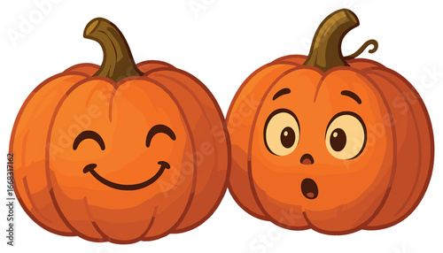 Halloween vector: playful pumpkin pair with expressive faces for festive autumn decor