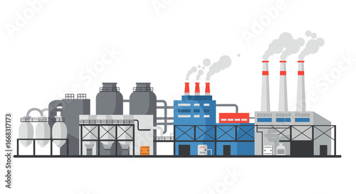 Flat industrial factory illustration with smoke stacks and machinery in blue and gray tones
