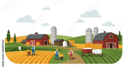 Bountiful harvest scene in rural countryside with farm workers and red barns