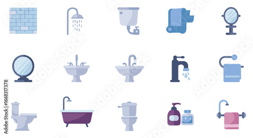 Modern bathroom icons collection featuring essential fixtures and accessories in flat style