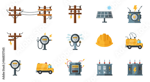 Renewable energy and power infrastructure icons in flat design style