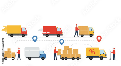 Modern flat style delivery trucks and couriers with packages and location pins