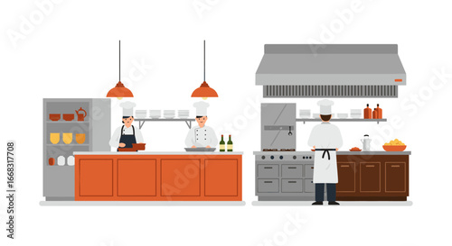 Modern kitchen interior with chefs in flat design style