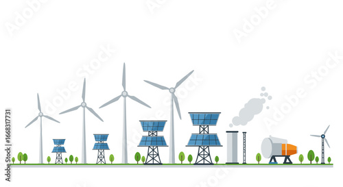 Sustainable energy landscape with wind turbines and solar panels in flat design