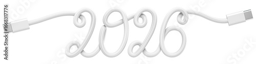 USB-C Cable Forming 2026 Symbolizing Modern Technology. 3D rendering