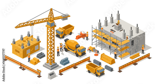 Construction site isometric scene with workers and machinery in detailed style