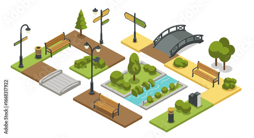 Isometric park design with benches, bridges, and greenery elements