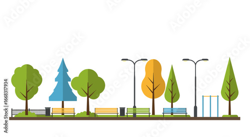 Colorful park scenery with benches and trees in flat design