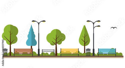 Colorful park benches with trees and lamp posts in flat design