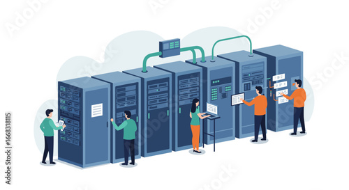 Isometric server room with people managing data center operations