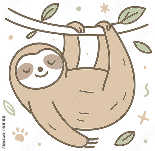 Sloth relaxation vector: tranquil, calm, peaceful sloth hanging on branch, serenity concept
