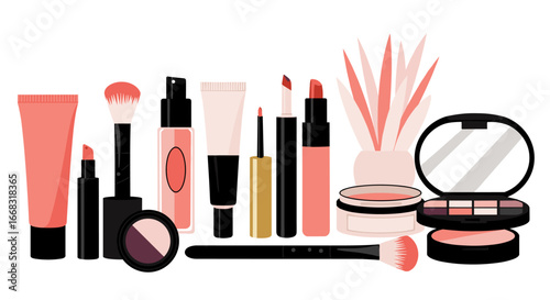Flat design makeup set with cosmetics and skincare products on white background