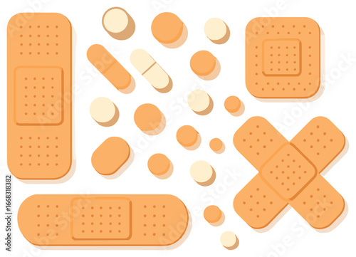 First aid essentials vector: bandages and pills artistry for healthcare and medical concepts