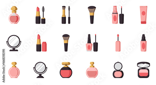 Elegant cosmetic icons featuring lipstick, perfume, and makeup brushes in a flat design