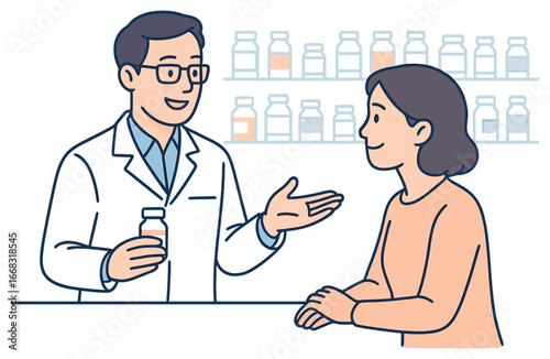 Pharmacy consultation vector: healthcare, medicine, patient interaction, professional guidance