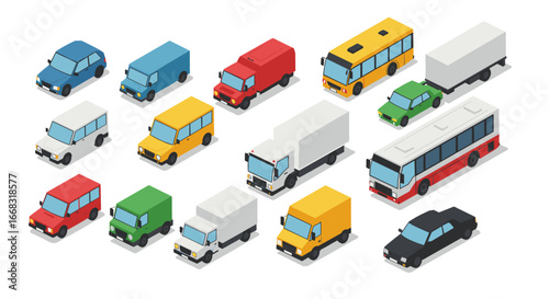 Colorful isometric set of vehicles featuring buses, trucks, and cars in various styles