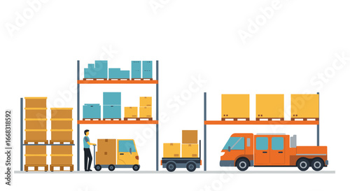 Warehouse operations with forklift and delivery truck in flat design