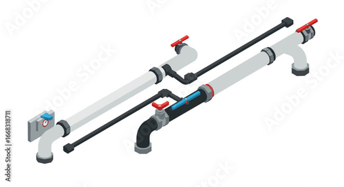 Isometric industrial pipeline with valves and pressure gauge in flat design