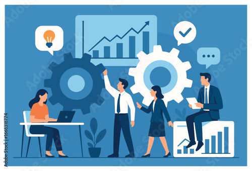 Collaborative office dynamics vector: teamwork, productivity, and business strategy