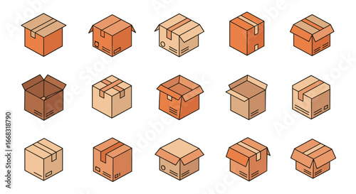 Isometric cardboard boxes collection for packaging and shipping designs