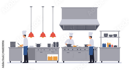 Professional kitchen with chefs cooking in modern gastronomy environment