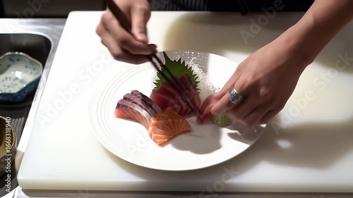 Chef Arranging Colorful Fresh Sushi Dish