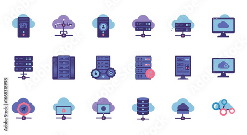 Cloud computing icons set featuring technology and network elements in flat design