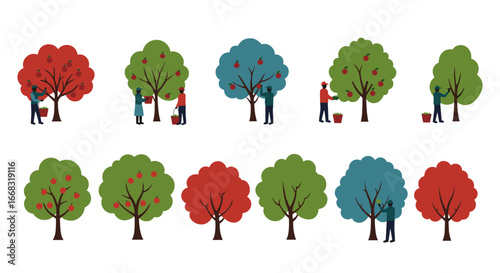 Colorful flat design autumn apple harvest scene with varied tree styles