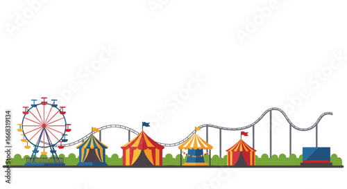 Colorful amusement park landscape with ferris wheel and roller coaster