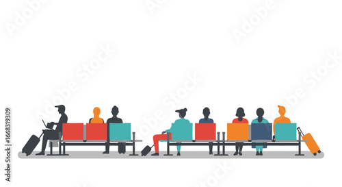 Silhouette travel scene: passengers waiting with luggage in minimalist airport lounge