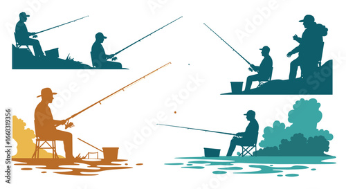 Silhouette art of fishermen in various natural settings and activities