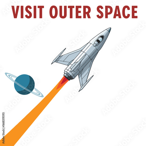 A retro-style rocket ship blasts off towards a ringed planet, with bold text encouraging a journey to outer space.